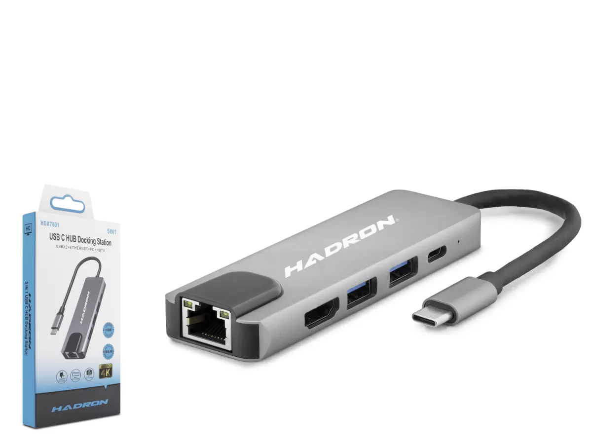 HADRON HDX7831 Type-C Combo Hub HDMI 4K USB 3.0 LAN 5 Port - Gri
