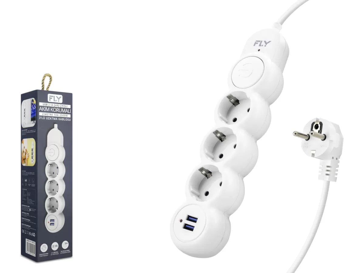 FLY 3393-01 Termal Akım Korumalı Uzatma Kablosu 3 Priz + 2x USB 2.1A Anahtarlı 2 m - Beyaz