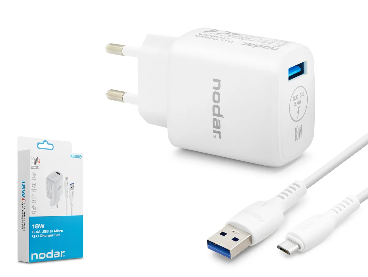 Nodar Nd1009 Usb To Micro Usb Fast Şarj Seti Q.C 3.0 3.4A 18W Beyaz