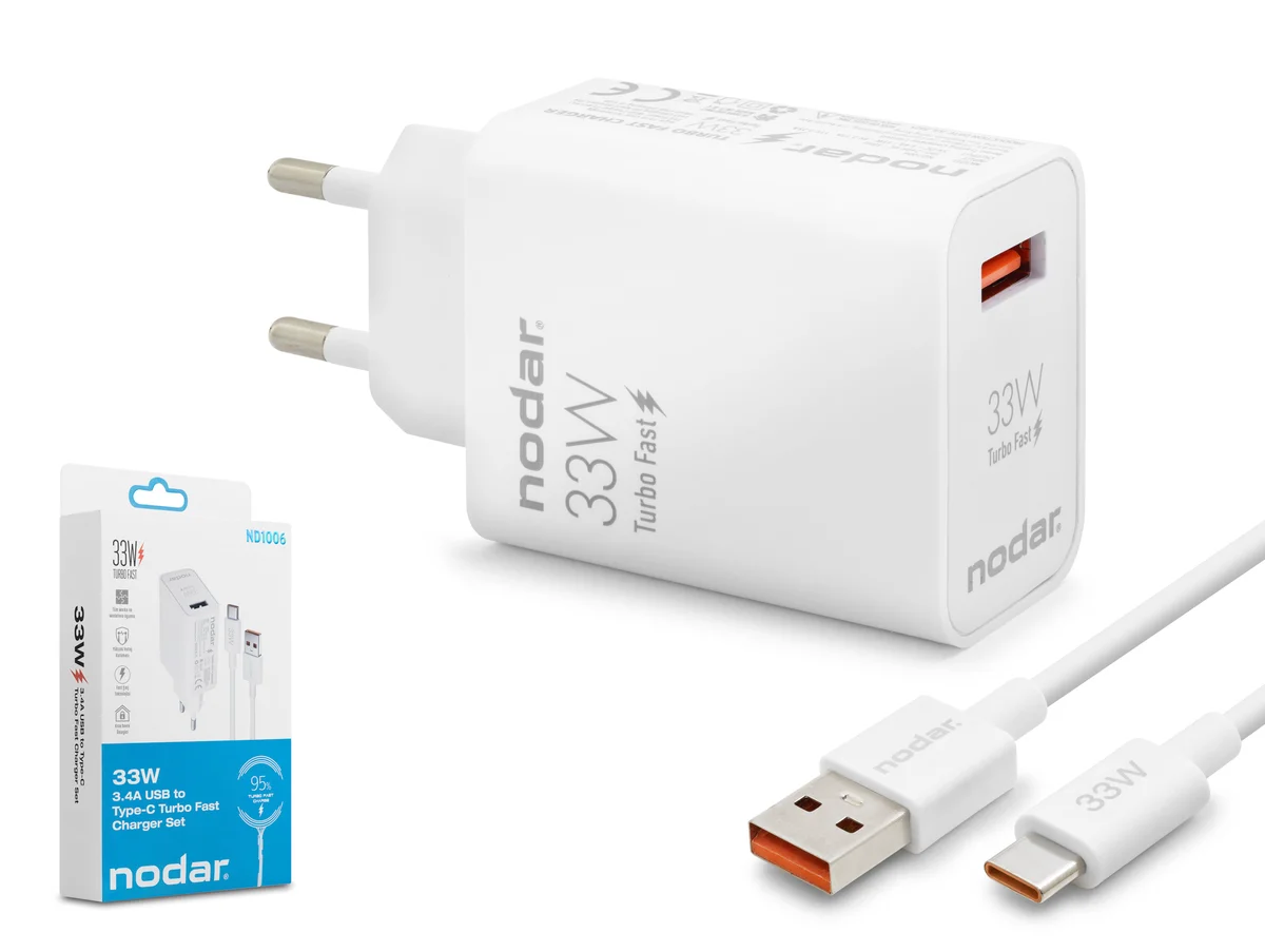 Nodar Nd1006 Usb To Type-C Turbo Fast Şarj Seti 33W Beyaz